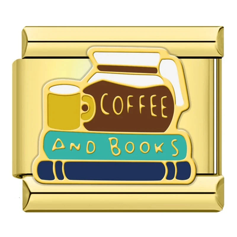 Coffee & Books Italian charm link, 9mm stainless steel module