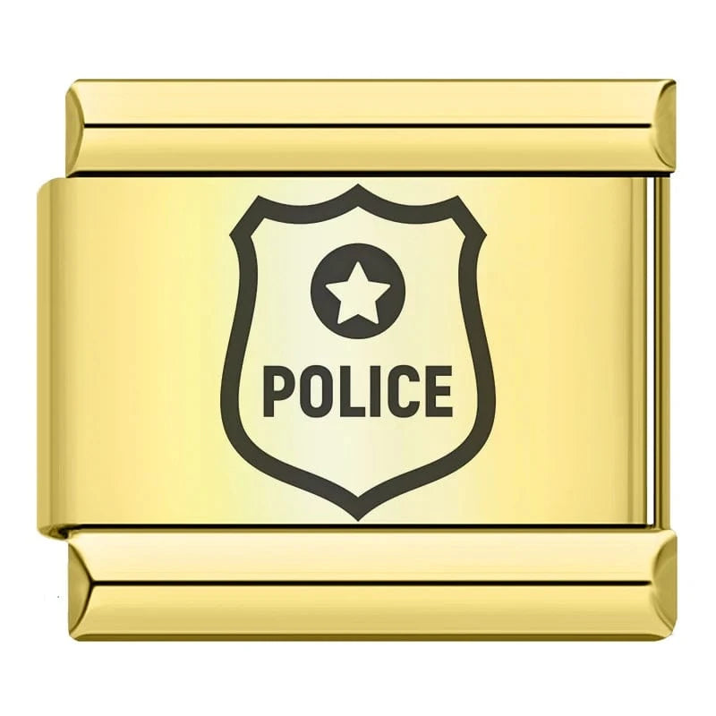 Police Badge on Gold Italian charm link — 9mm stainless steel module