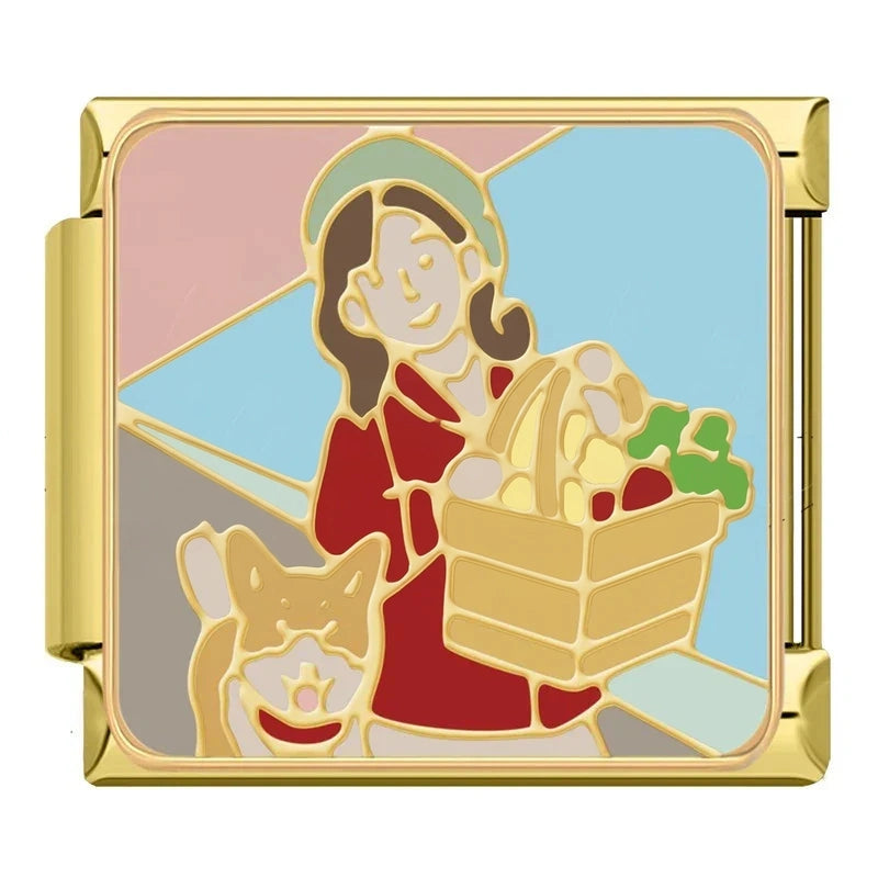 Woman with Grocery Bag and Corgi