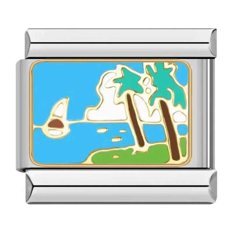 Tropical Beach Scene Italian charm link — 9mm stainless steel module