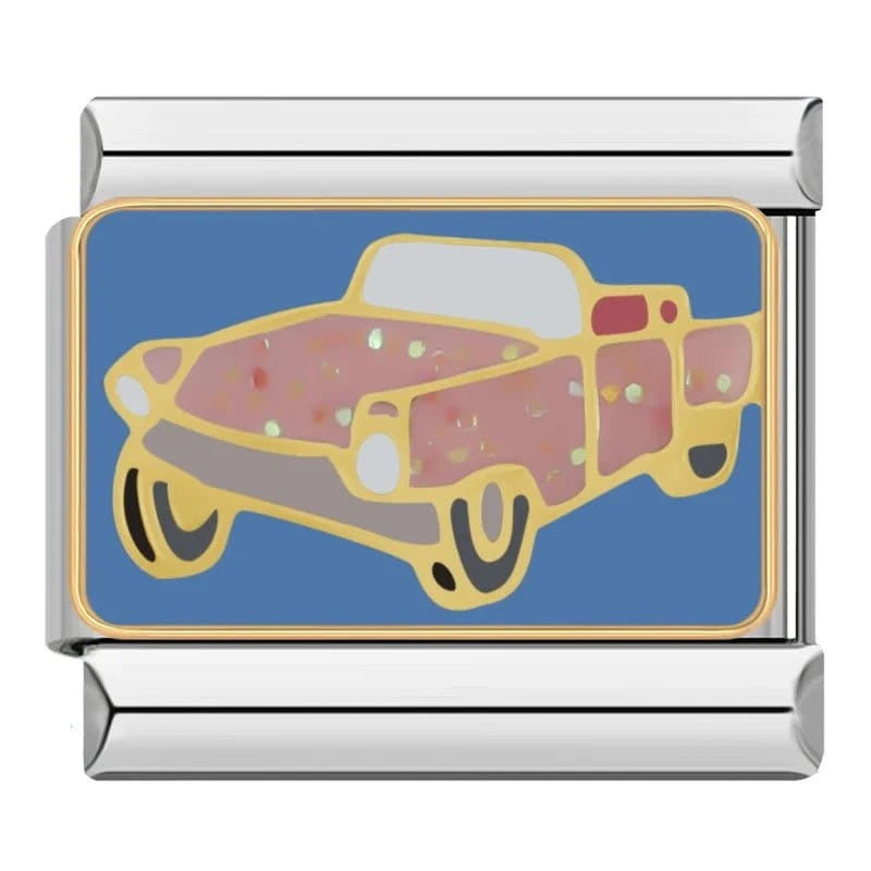 Vintage Pink Car Italian charm link — 9mm stainless steel module