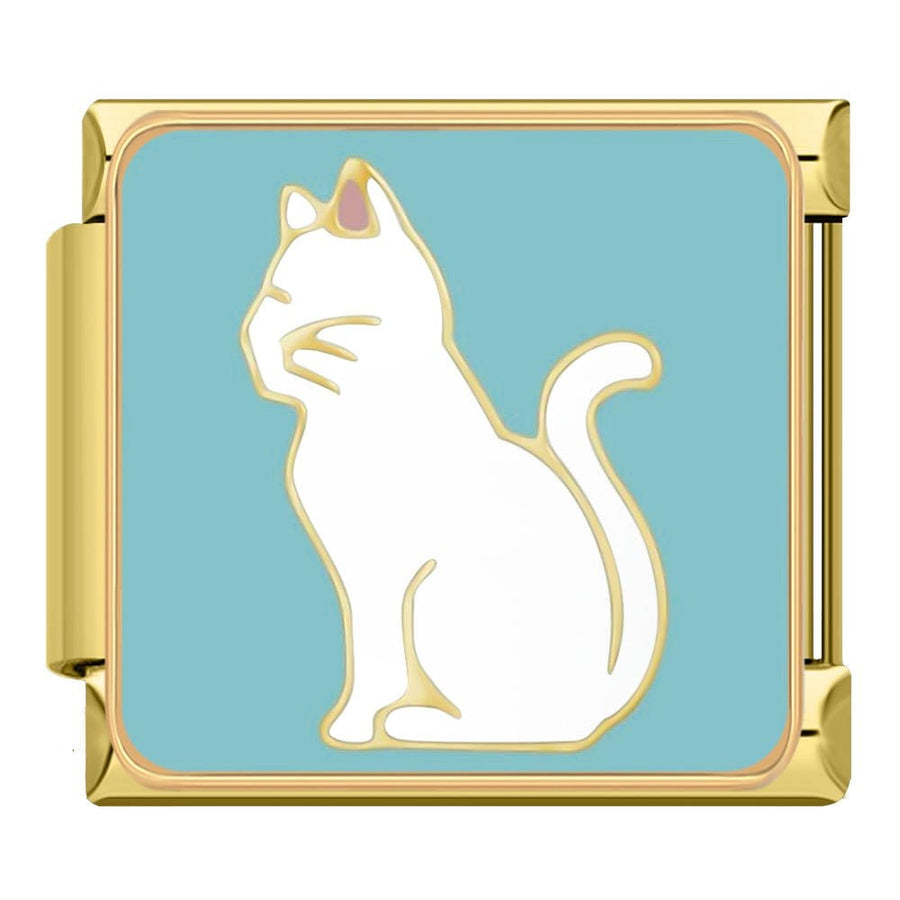 White Cat on Teal Italian charm link — 9mm stainless steel module
