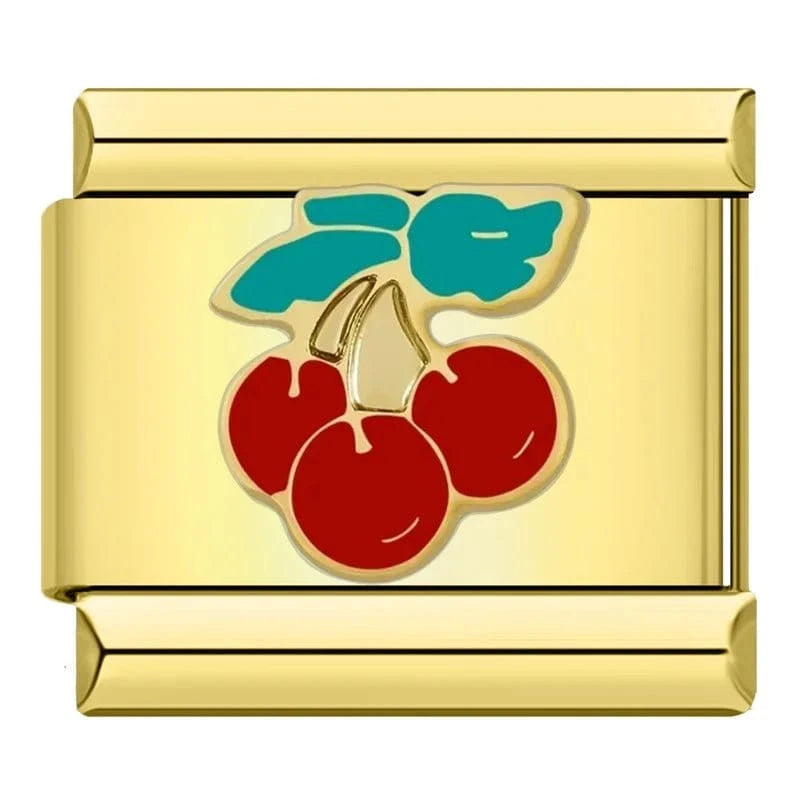 Cherry Trio on Gold Italian charm link — 9mm stainless steel module