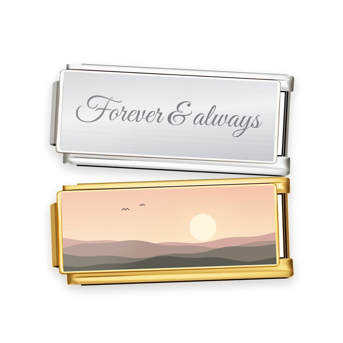 Long 20 mm charm links: engraved words in silver and a photo in gold
