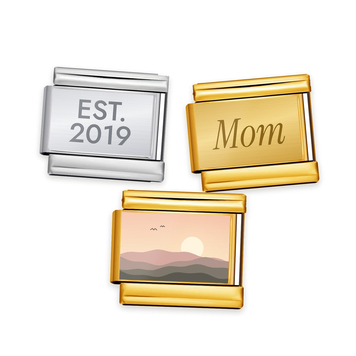 Laser engraved words charms with a date and a name, and a photo charm