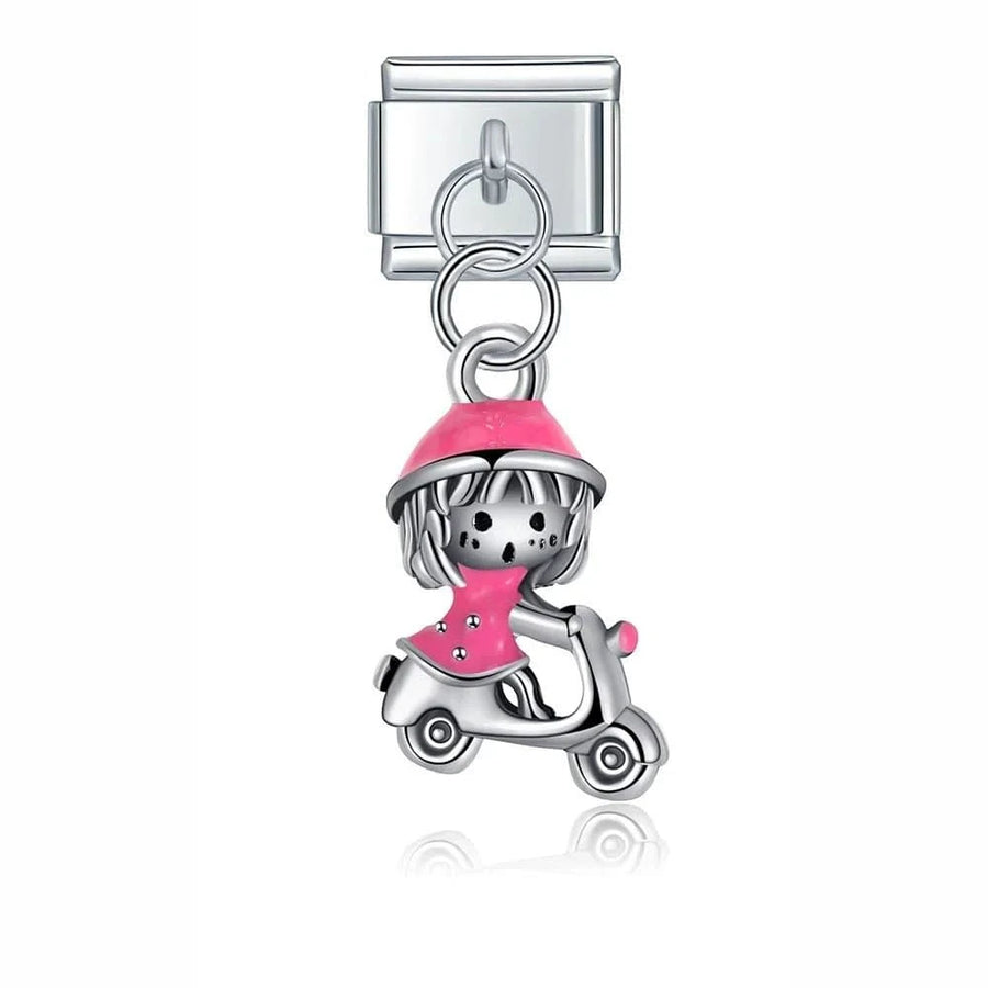 Girl On Vespa Italian charm link, 9mm stainless steel module