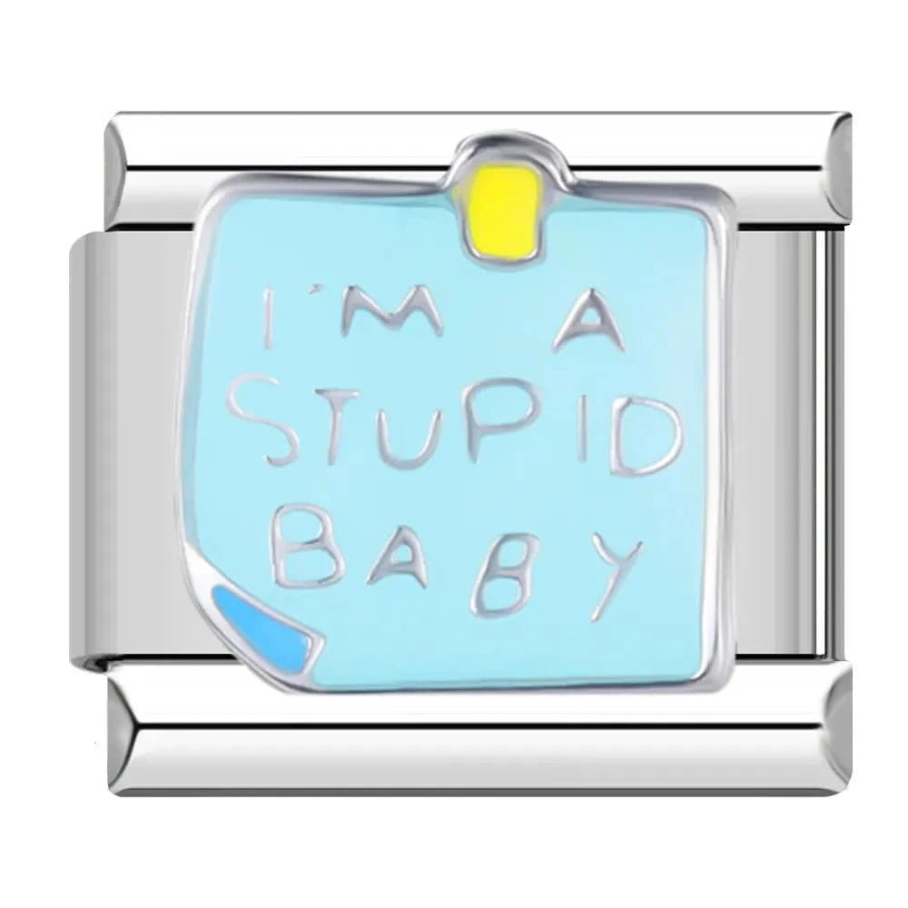 I'm A Stupid Baby - Cacilia Sauer - Italian Charm Bracelet - custom jewelry - vintage jewelry - charms and pendants
