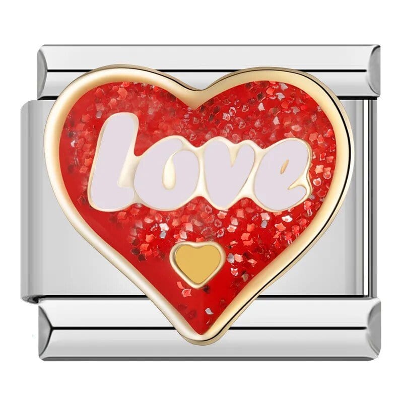 Red Glitter Love Heart Italian charm link — 9mm stainless steel module