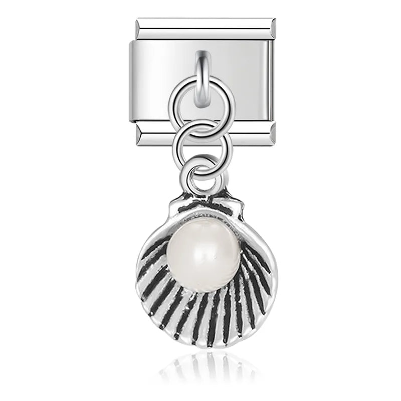 Shell With Black Pendant Pearl - Cacilia Sauer - Italian Charm Bracelet - custom jewelry - vintage jewelry - charms and pendants