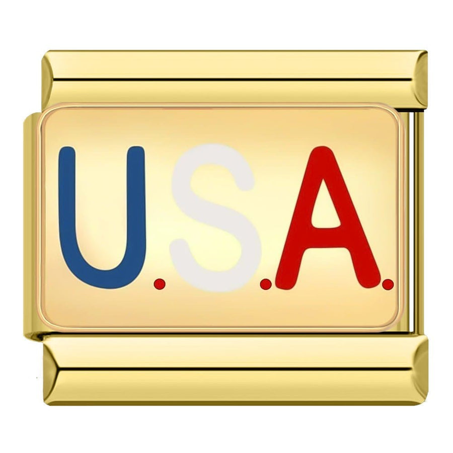 USA on Gold Italian charm link — 9mm stainless steel module