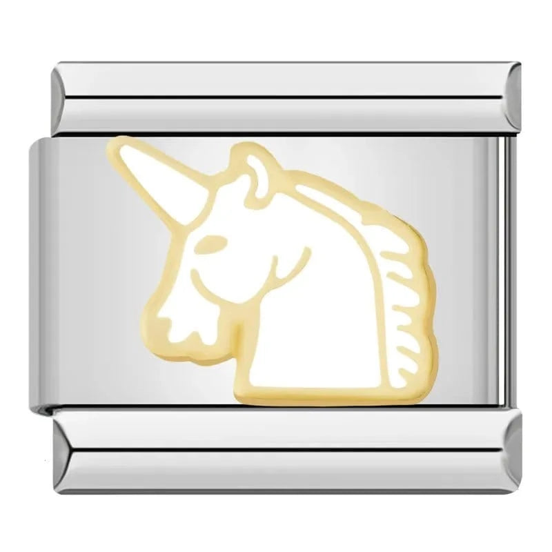 White unicorn Italian charm link, 9mm module with enamel unicorn