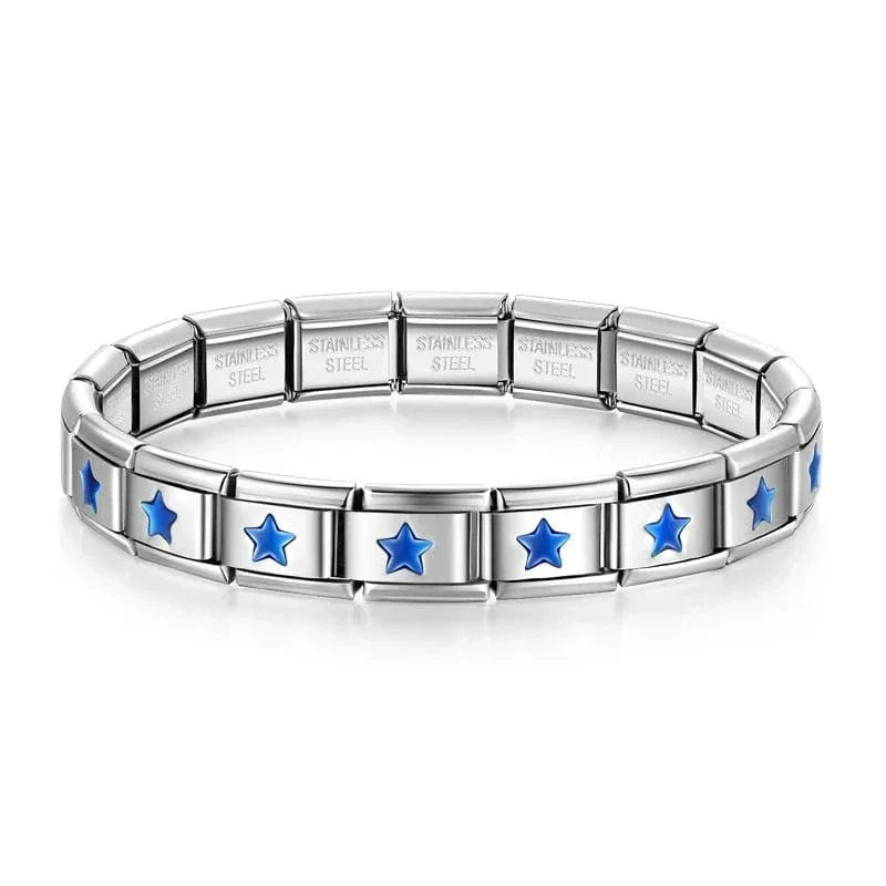 Italian charm bracelet with blue star links showing the modular spring-loaded design