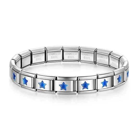 Italian charm bracelet with blue star links showing the modular spring-loaded design