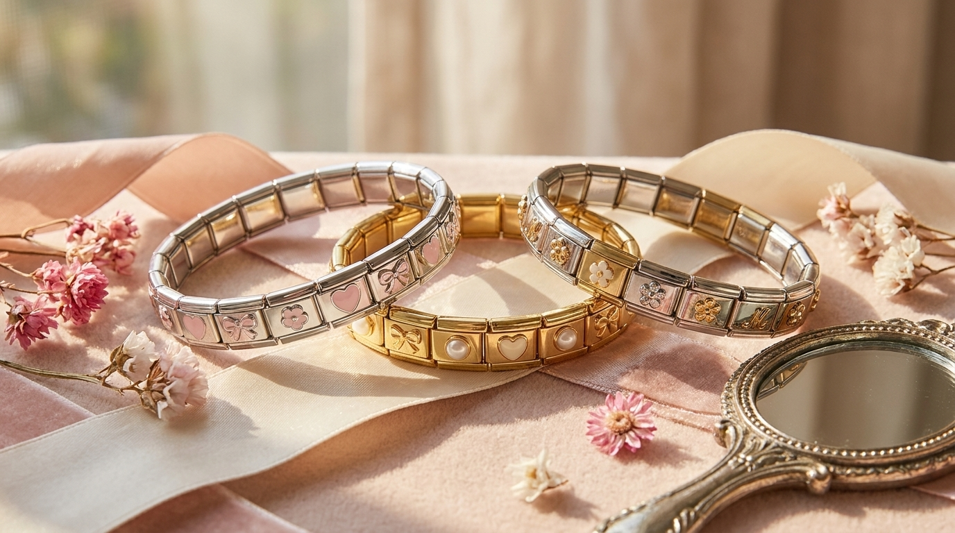 Italian charm bracelet combination ideas — assembled silver, gold and two-tone charm bracelet stacks