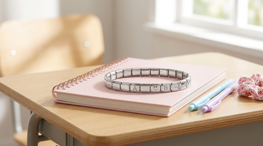 Back-to-school Italian charm bracelet: an assembled silver charm bracelet with initial and heart tiles on a spiral notebook on a sunlit school desk
