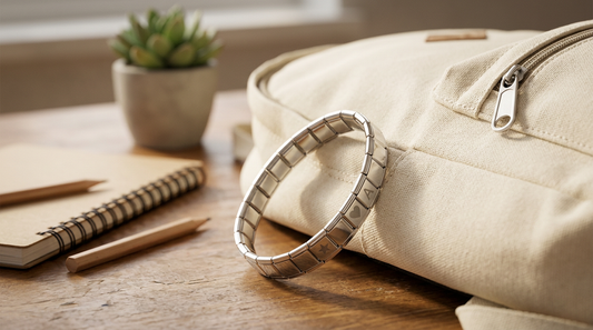 Silver Italian charm bracelet on a sunlit desk beside a cream canvas backpack, styled for the new school year