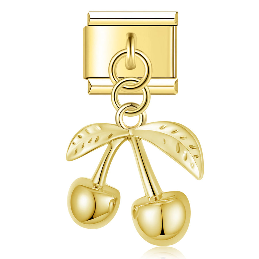 Cherry Dangle in Gold Italian charm link, 9mm stainless steel module