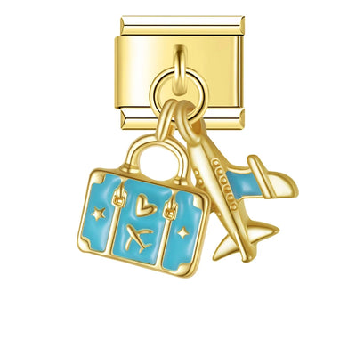 Suitcase and Airplane in Gold