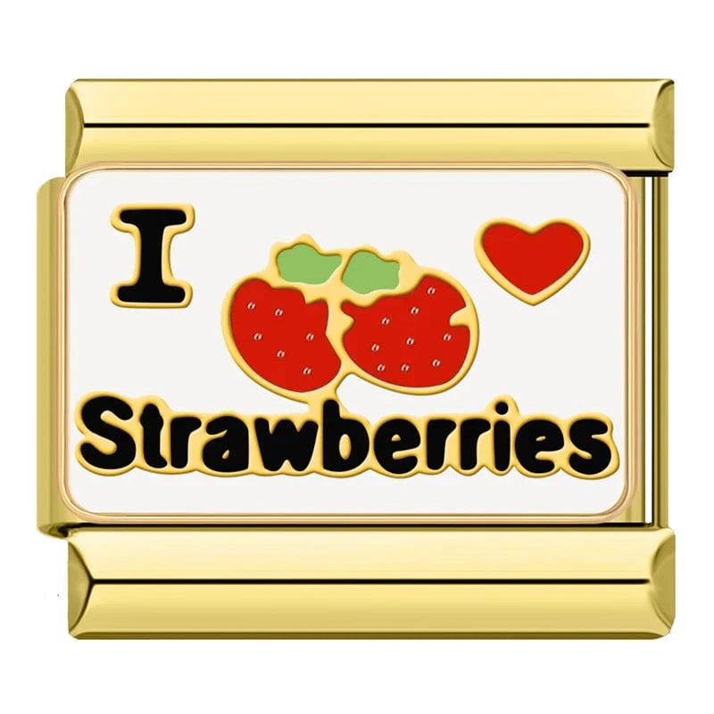 I Love Strawberries Gold Italian charm link — 9mm stainless steel module