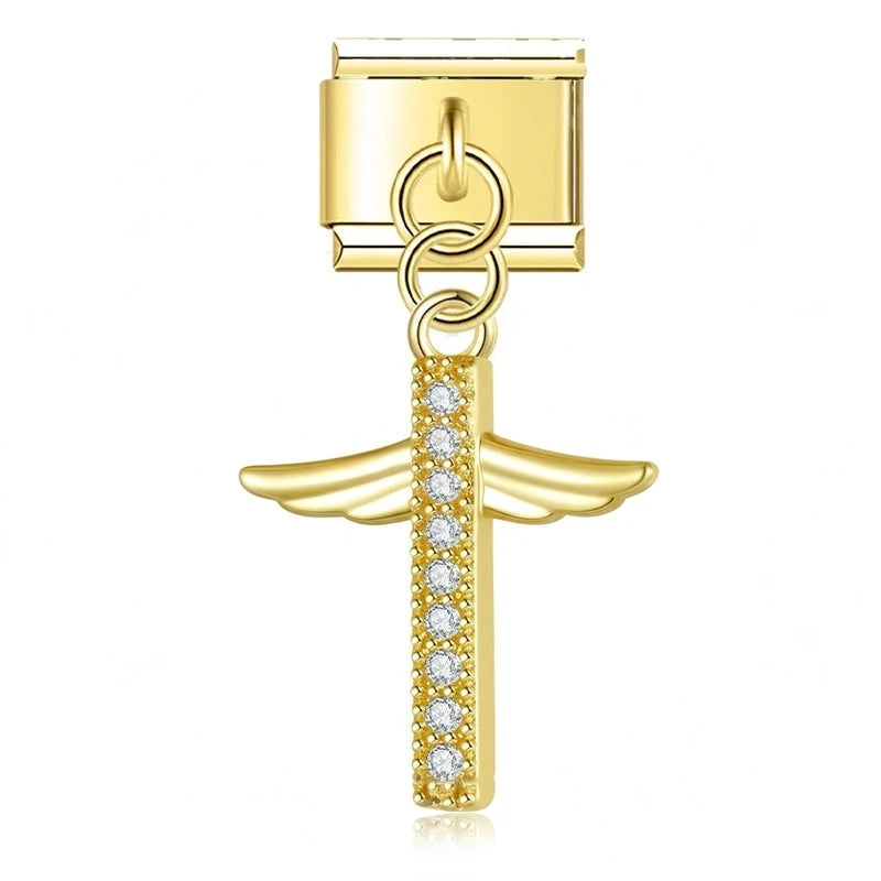 Winged Crystal Cross in Gold