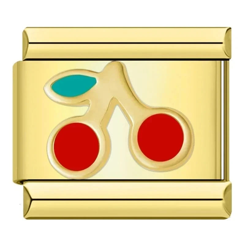 Cherries on Gold Italian charm link — 9mm stainless steel module