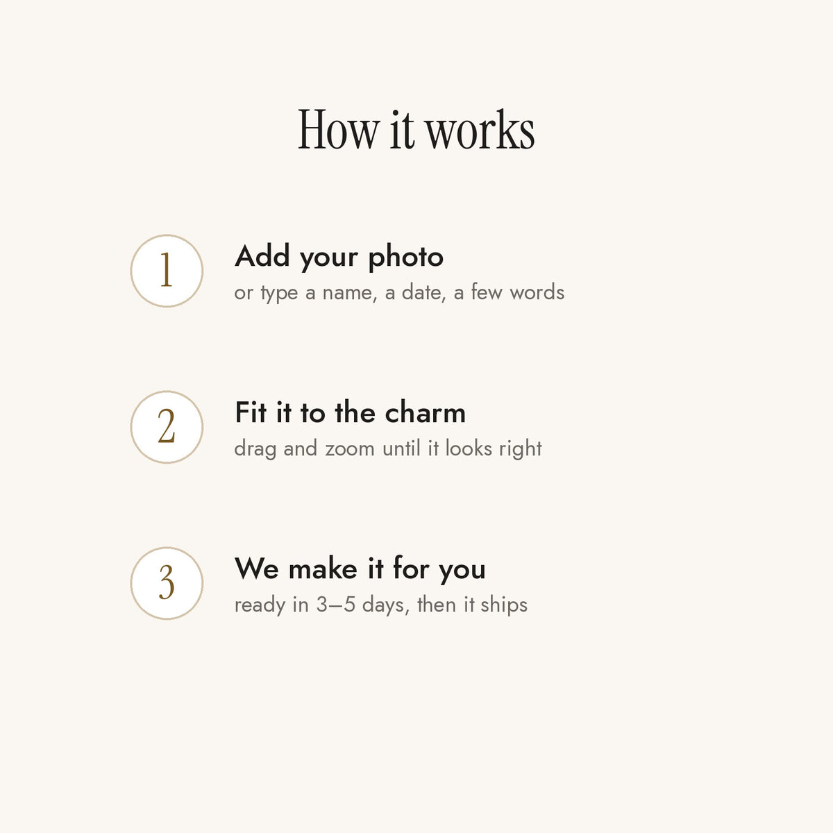 How the photo charm works: add a photo or words, fit it, made in 3 to 5 days