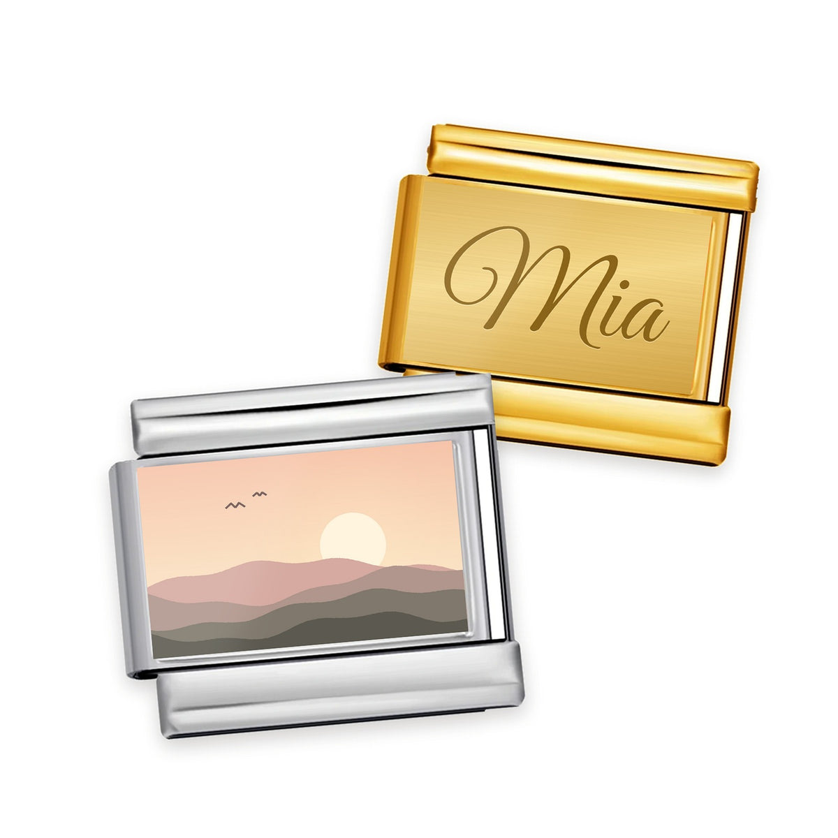 Photo charm in silver and an engraved name charm in gold, Italian charm links