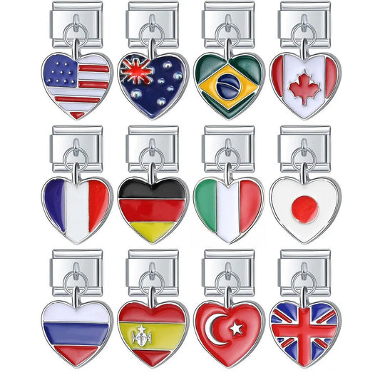 Hanging Heart National Flag - Cacilia Sauer - Italian Charm Bracelet - custom jewelry - vintage jewelry - charms and pendants