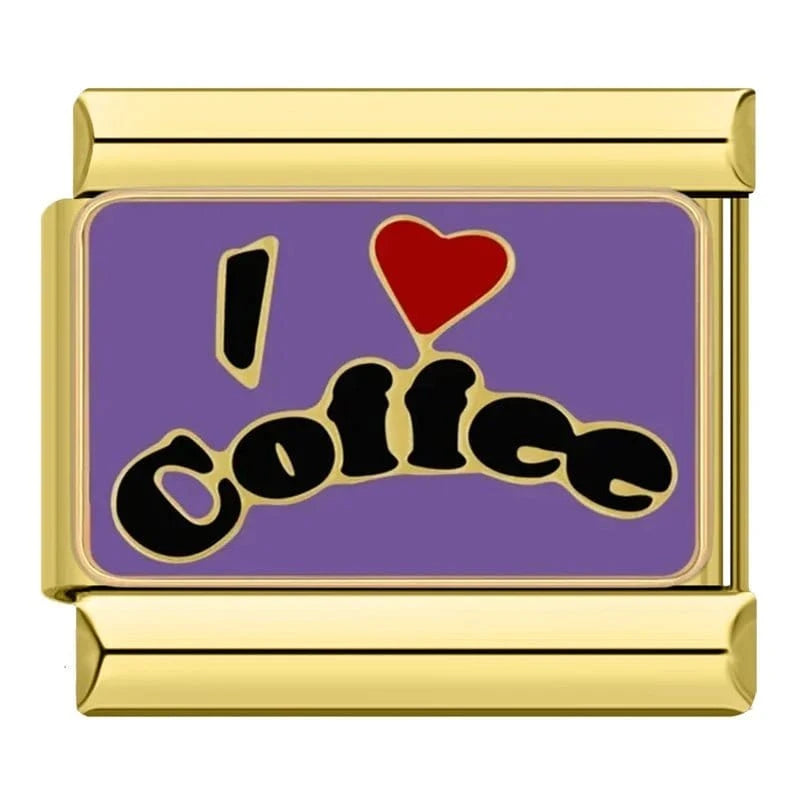 I Love Coffee on Gold Italian charm link — 9mm stainless steel module