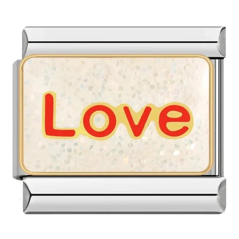 White Glitter Love Italian charm link — 9mm stainless steel module