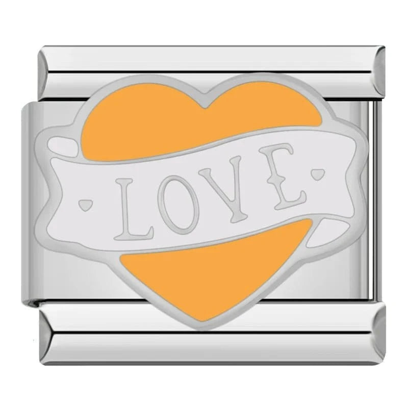 Orange Heart Love Banner Italian charm link — 9mm stainless steel module