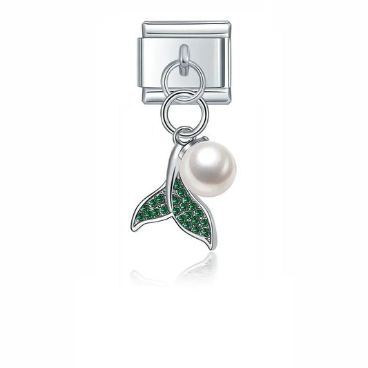 Mermaid Tail & Pearl in Green - Cacilia Sauer - Italian Charm Bracelet - custom jewelry - vintage jewelry - charms and pendants