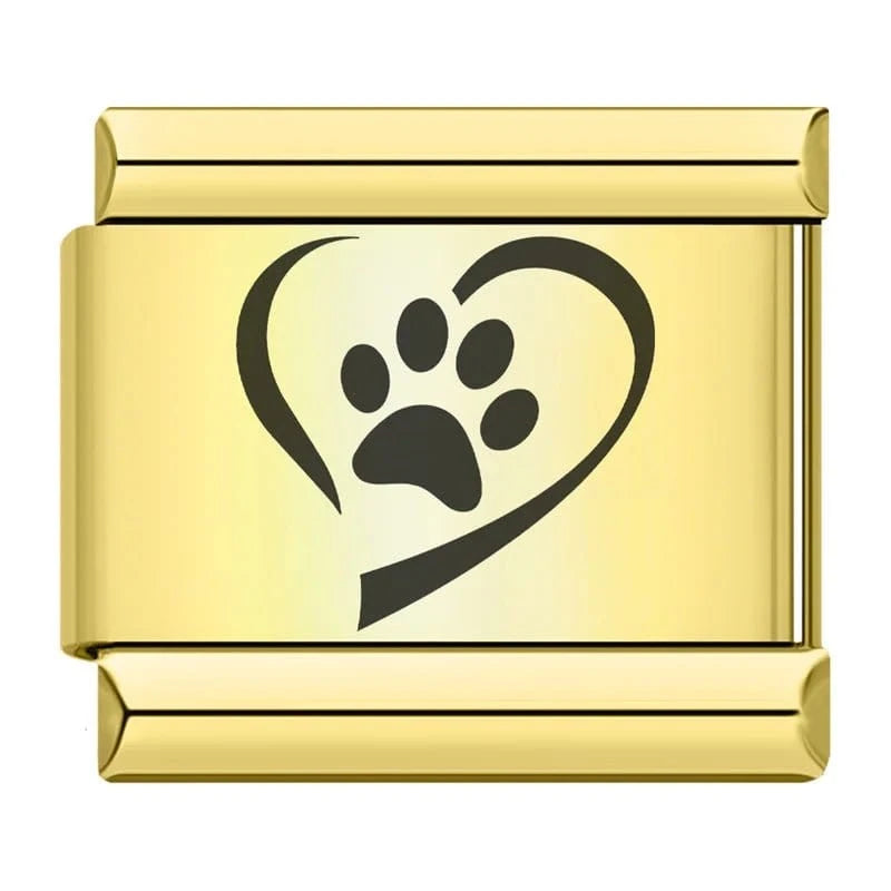 Paw in Heart on Gold Italian charm link — 9mm stainless steel module