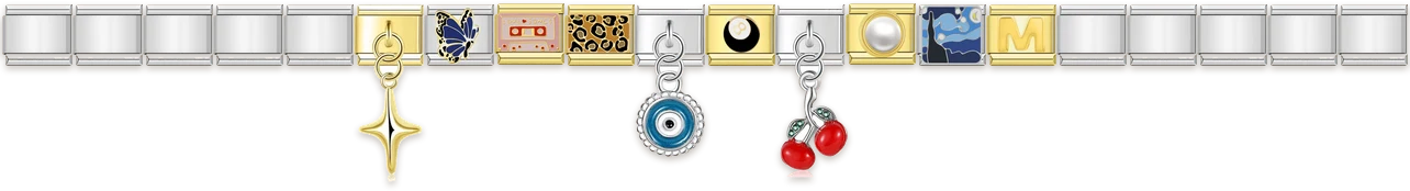 A silver bracelet with ten charms, including an evil eye and cherries that hang below the links